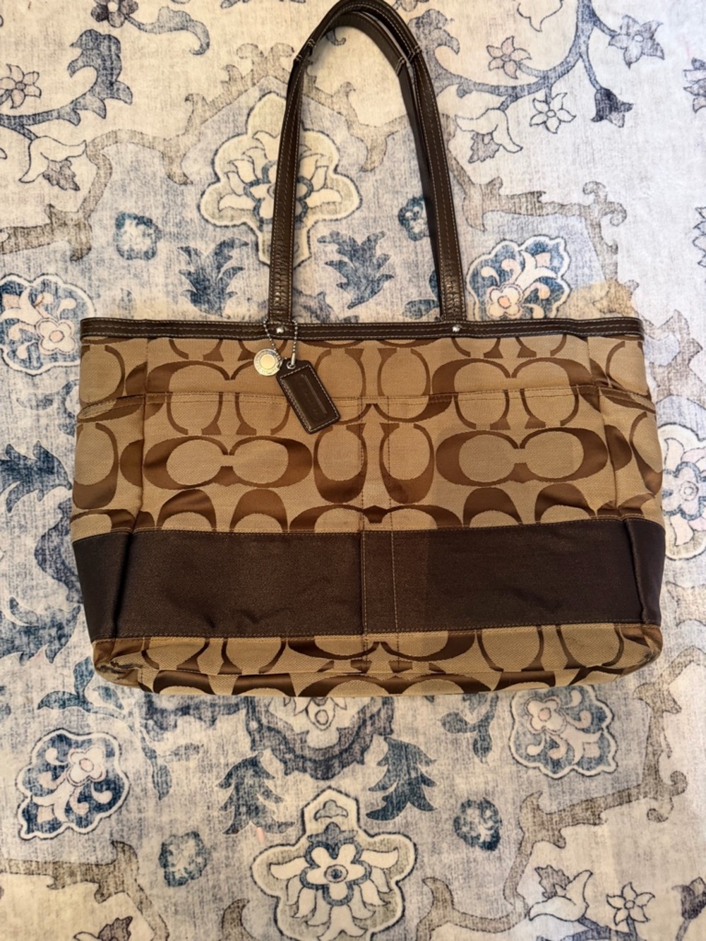 Coach Brown Signature Pattern Canvas Tote Diaper Bag with Dark Brown Trim